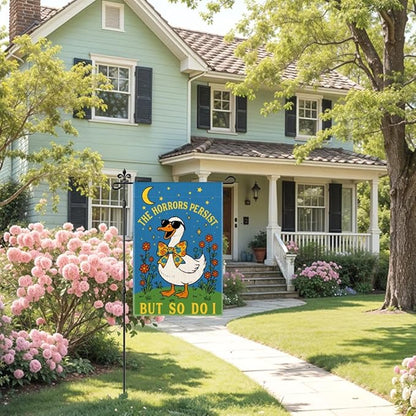 The Horrors Persist But So Do I Garden Flag Double Sided Yard Outdoor Decoration 12x18 Inch, Mental Health Yard Decoration Garden Flag, Dark Humor Sarcastic Rustic Spring Porch Home Decor