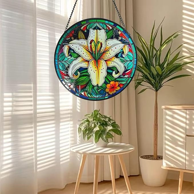 Colorful 7.87'' Lily Flowers Stained Glass Window Hanging - Sun Catcher for Indoor Window Decor, Garden, or as Thoughtful Gifts for Women, Wife, Mom on Party, Birthday, Housewarming