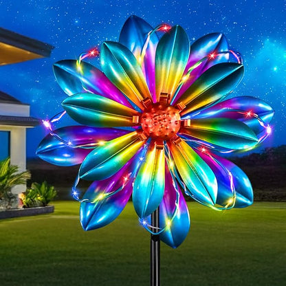 Flower Solar Wind Spinners - 61'' Metal Colorful Spinning Windmill Garden Ligths with LED Outdoor Decorative Stake Lighting Waterproof Flower Sculpture for Patio Yard