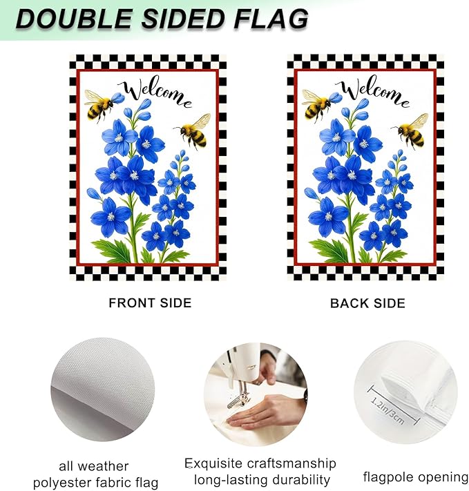 IVN Floral Welcome Garden Flag 12x18 Inch Double Sided Yard Flag Double Sided Bluebells Flowers with Bees Decorative Small Flags for Outside Seasonal Farmhouse Yard Outdoor Decoration Flags