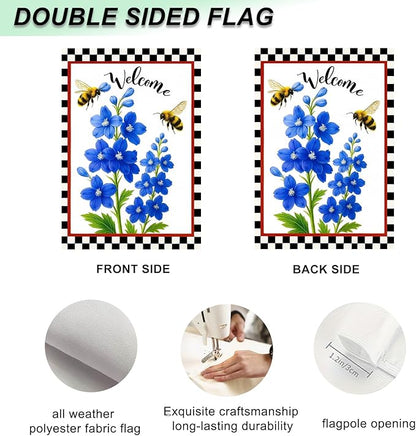 IVN Floral Welcome Garden Flag 12x18 Inch Double Sided Yard Flag Double Sided Bluebells Flowers with Bees Decorative Small Flags for Outside Seasonal Farmhouse Yard Outdoor Decoration Flags