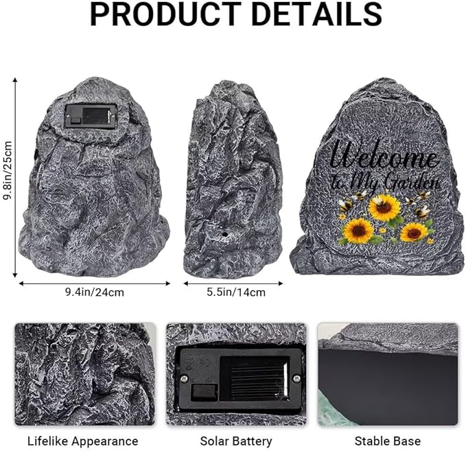 Garden Stone Sculpture with Bees and Sunflowers, Solar Resin Outdoor Sculpture, Suitable As A Grave Decoration for Gardens, Lawns, Cemeteries, Memorial Gifts, Home Decoration