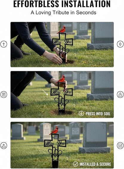 Metal Cemetery Memorial Plaque for Remembrance Cardinal Graveyard Decorations for Humans Red Bird Markers Cross Sign Garden Outdoor Stake Miss You Headstones Easter Sympathy Gifts Tombstones(3pcs)