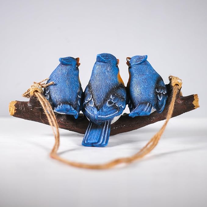 Decorative Hanging Bird Ornament, Three Blue Birds on Branch, Garden Outdoor Decor, Hanging Tropical Bird Patio, Lawn, Tree Porch Decor Large Size: 11 inches
