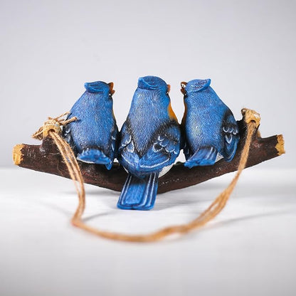 Decorative Hanging Bird Ornament, Three Blue Birds on Branch, Garden Outdoor Decor, Hanging Tropical Bird Patio, Lawn, Tree Porch Decor Large Size: 11 inches