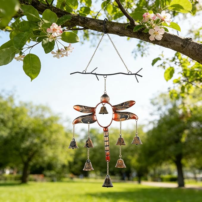 Dragonfly with Bells Wind Chime, Handcrafted Wind Chimes with 8 Bells (Flamed Finish), Outdoor Metal Hook Hanging Decor, Garden Decoration, Gardening Gifts, Decorative Hanging Garden Decor