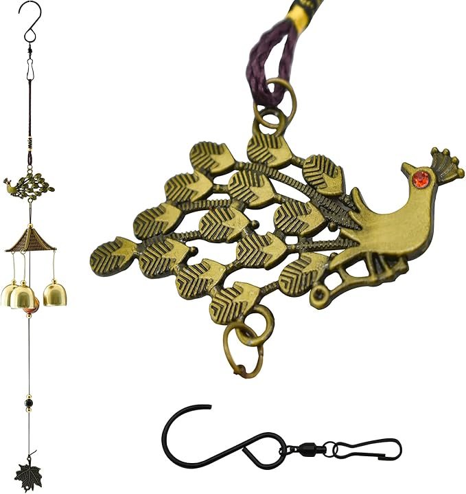 Maydahui Peacock Retro Wind Chime (22 Inch H) Alloy Wind Bell Animal Windchime with S Shaped Hook for Mom Gifts Festival Garden Party Indoor and Outdoor Decor