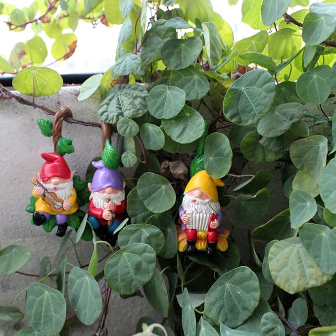 3PCS Cute Gnome Statue Flower Pot Hugger, Music Performance Gnome Resin Hanging Statue Outdoor Garden Decor, Fence Ornaments for Patio Lawn Garden Yard Plant Pot