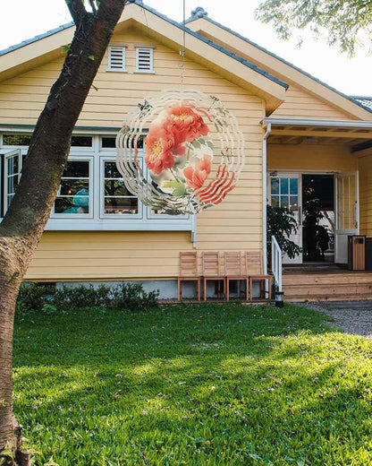 Stainless Steel Wind Spinner for Yard Garden Decoration, Vintage Watercolor Red Hibiscus Leaves Bird Round Wind Sculpture Spinner 3D Crafts Hanging Ornaments for Indoor Outdoor 8 Inch