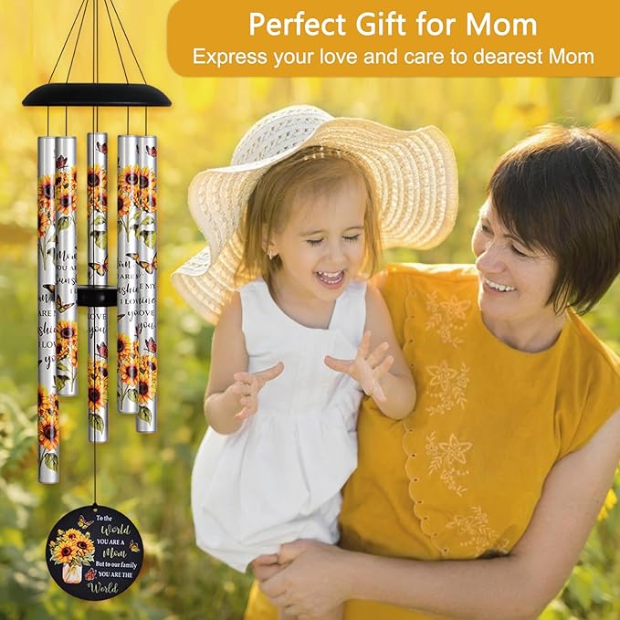 Sunflower Wind Chimes with Heartfelt Message Gift for Mom, Mother's Day Best Gifts for Mom Wind Chimes for Outside, Love Reminder Gifts for Mother Birthday Thanksgiving Christmas from Daughter Son