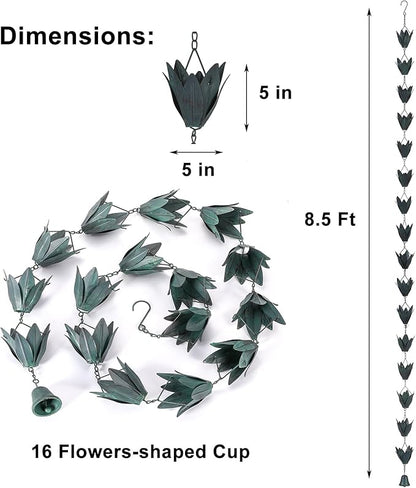 Rain Chains - 8.5 FT Rain Chains for Gutters Downspouts - Outside Leafy Flowers Cups Rain Chain - Antique Blue