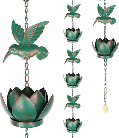 7.87ft Rain Chain for Gutters Downspouts Outside, Decorative Rain Chain with Hummingbird and Lotus Design, Adjustable Rains Catcher Chains with Bell for Eaves Drainage