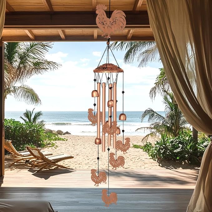 INFUNLY Roosters Wind Chimes for Outside 5.5"×5.4" Chicken Pattern Metal Windchime Aluminum Tube Wind Chime with Little Bells Tubes Memorial Wind Bell for Yard Garden Decor Housewarming Birthday Gift