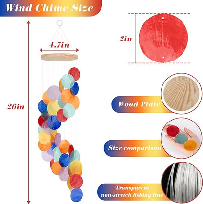 Seashell Wind Chimes for Outside - Handcrafted Colorful Spiral Shape Capiz Shells Windchime Coastal Style Decor for Indoor/Outdoors, Garden & Beach Hanging Decor for Wind Chimes Lovers and More