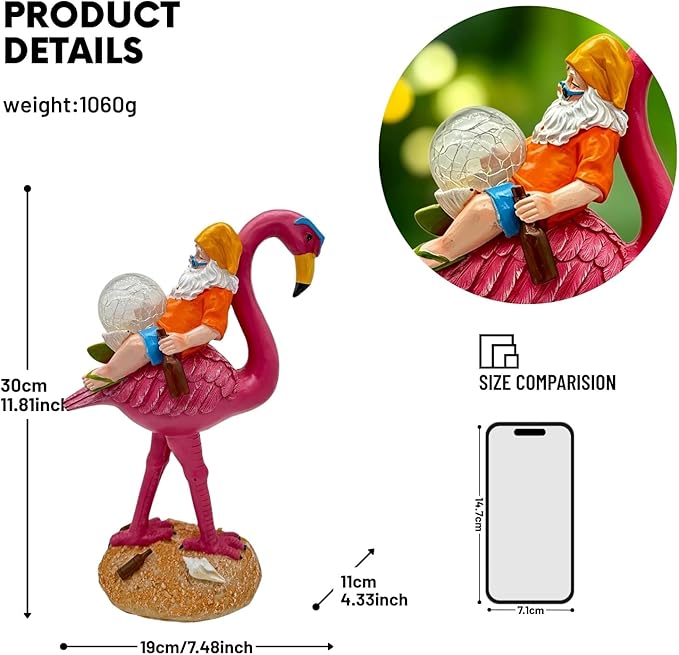 Solar Gnome with Flamingo - Funny Outdoor Garden Decor Statue with Glass Ball Light, Automatic LED Illumination for Patio, Yard, Lawn