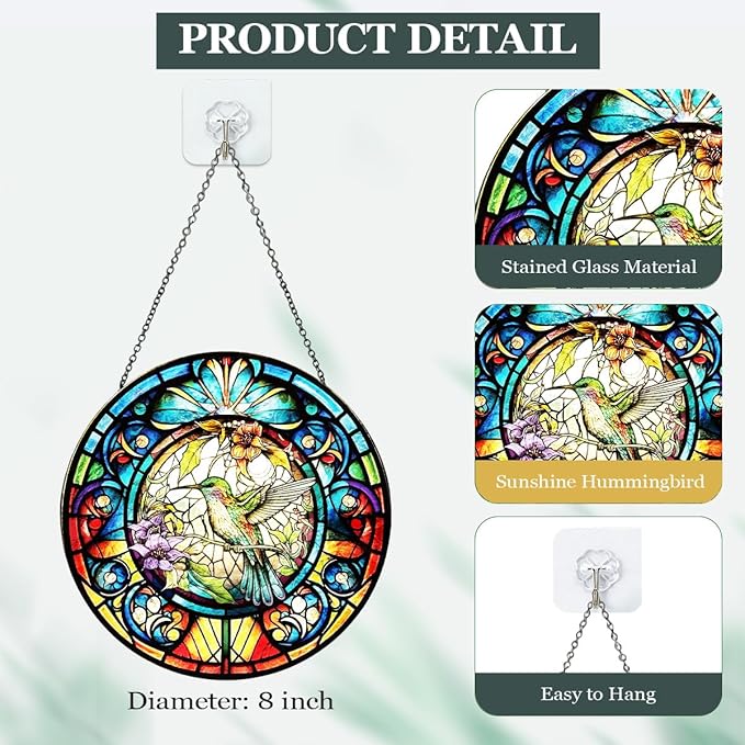 Hummingbird Stained Glass Suncatcher - Colorful Bird Sun Catcher Indoor Wall Decor Glass Panel Floral Window Hanging Ornament Gift for Mom, Grandma, Bird Lovers (8 inch)