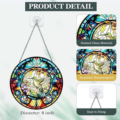 Hummingbird Stained Glass Suncatcher - Colorful Bird Sun Catcher Indoor Wall Decor Glass Panel Floral Window Hanging Ornament Gift for Mom, Grandma, Bird Lovers (8 inch)