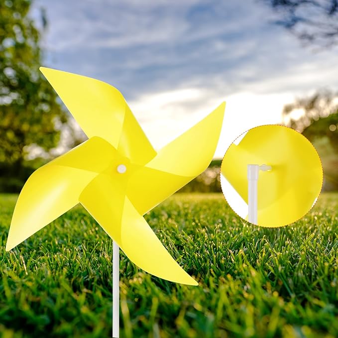 HARFINGTON 50pcs Windmills for The Yard Garden 17" x 11" 4 Leaves Pinwheels Wind Mills Spinners Windproof Waterproof Bird Devices with Stakes for Patio Decor, Yellow