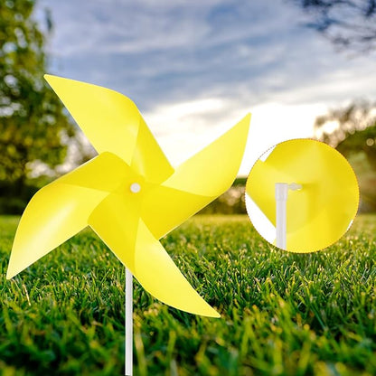 HARFINGTON 50pcs Windmills for The Yard Garden 17" x 11" 4 Leaves Pinwheels Wind Mills Spinners Windproof Waterproof Bird Devices with Stakes for Patio Decor, Yellow
