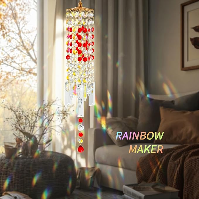 Crystal Wind Chimes for Outside with Rainbow Light Reflections Glass Bells and Rose Gold Alloy Hooks Indoor Outdoor Decor for Home Garden Patio Porch Birthday House Warming (Red-Love)