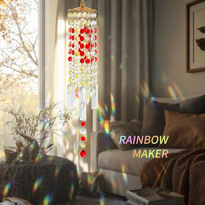 Crystal Wind Chimes for Outside with Rainbow Light Reflections Glass Bells and Rose Gold Alloy Hooks Indoor Outdoor Decor for Home Garden Patio Porch Birthday House Warming (Red-Love)