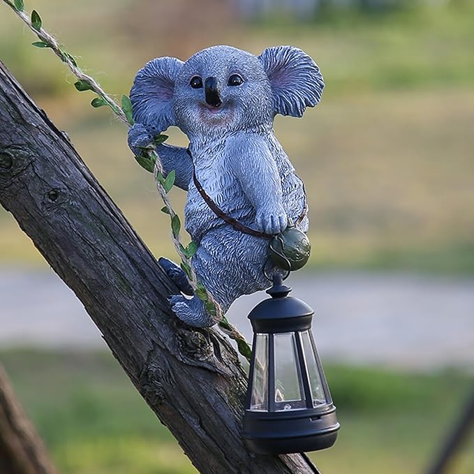 Decorative Koala Tree Climber with Solar Lantern, Gray Resin Garden Statue, Outdoor Hanging Animal Light