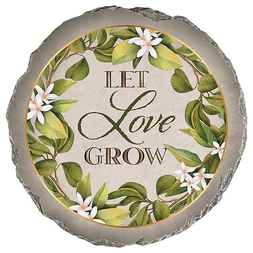 Magnolia Garden 10-Inch Let Love Grow Decorative Stepping Stone – Botanical Floral Resin Garden Walkway Tile – Elegant Sage Green Outdoor Accent – Romantic Wedding, Anniversary & Housewarming Gift