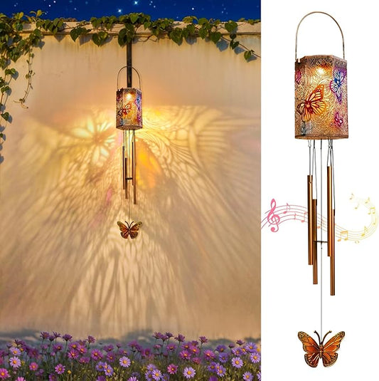 Solar Wind Chimes for Outside, Butterfly Gifts Women 3D Multicolor Waterproof Solar Lantern Chimes Outdoor Lights Hanging Decor for Garden, Porch, Yard Gifts for Mom Grandma