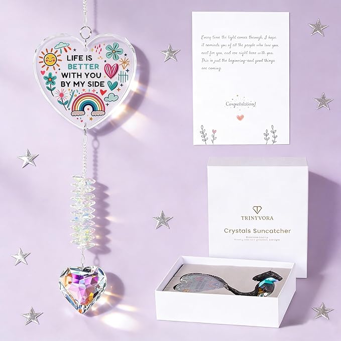 Gifts for Girlfriend, Best Friend, Sisters, Mom,Daughters,Crystal Suncatcher Ornament with Quote “Life is Better with You by My Side”Birthday Gifts,Window Hanging Decor