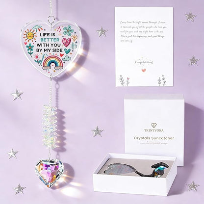 Gifts for Girlfriend, Best Friend, Sisters, Mom,Daughters,Crystal Suncatcher Ornament with Quote “Life is Better with You by My Side”Birthday Gifts,Window Hanging Decor