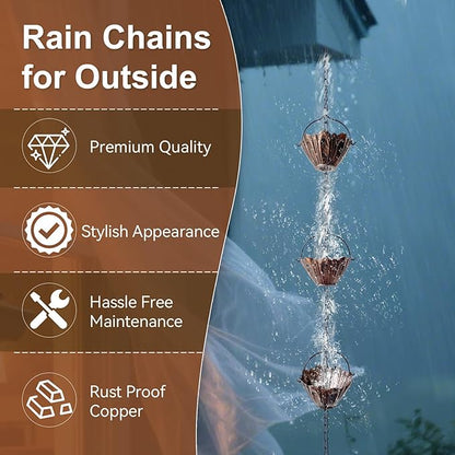 Copper Lotus Rain Chain 8.7 FT, Decorative Metal Rain Catcher with 12 Cups, Gutter Downspout Replacement