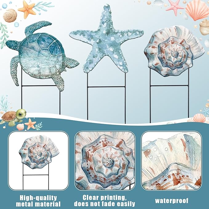 Moxweyeni 3 Pcs Metal Beach Outdoor Decoration 25 Inch Summer Ocean Theme Yard Sign Turtle Starfish Conch Coastal Outdoor Stakes for Garden Pool Lawn Holiday Party Take Photos