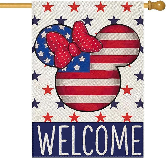 Welcome 4th of July House Flags for Outdoor Decoration, Patriotic Air Balloon Stars Large Yard Flag,Decorative 250th America Years Anniversary Decor for Summer Outside,28x40 Inch Vertical Double Sided