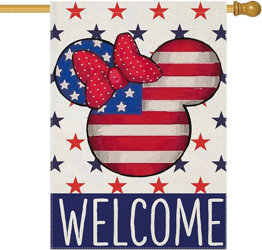 Welcome 4th of July House Flags for Outdoor Decoration, Patriotic Air Balloon Stars Large Yard Flag,Decorative 250th America Years Anniversary Decor for Summer Outside,28x40 Inch Vertical Double Sided