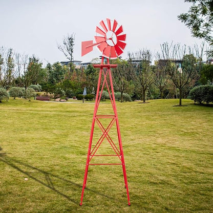 VINGLI 8FT Metal Windmill Ornamental Spinner Backyard Garden Decoration Weather Vane, Heavy Duty Wind Mill w/ 4 Legs Design, Red