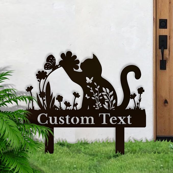 Personalized Metal Custom Garden Sculptures Statues, Yard Art,Shed, Flowerbed Decoration, Outdoor Decor, Animal Stake Pack, Cat Kitty Rabbit Bunny Dog Puppy Flower Metal Signs (Cat A)