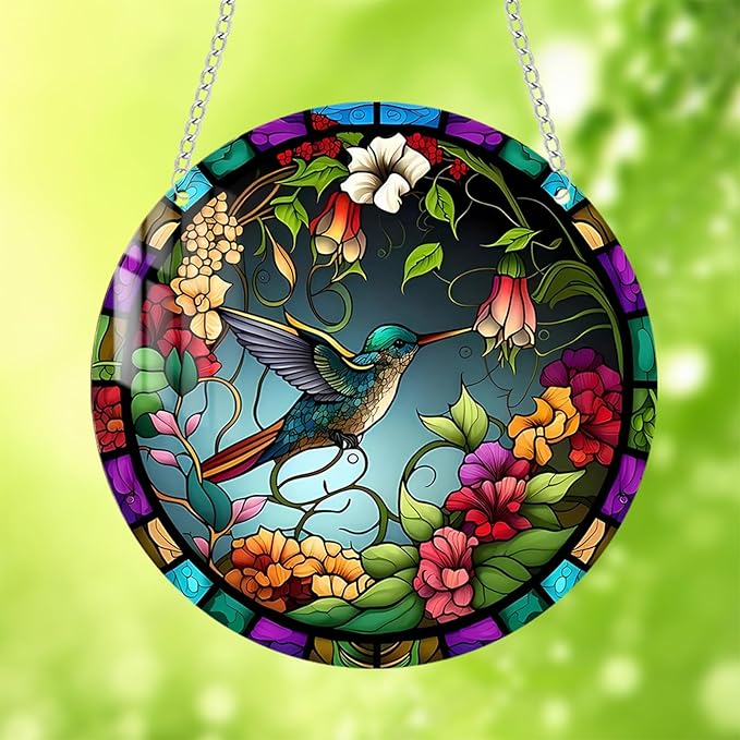 Stained Glass Window Hanging,Paint Bird Flower Suncatcher Diamond Glass Panel Bird Sun Catchers Decor for Birthday for Women, Men, Wife, Aunt, and Friends 5.9x5.9 in