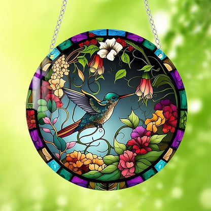Stained Glass Window Hanging,Paint Bird Flower Suncatcher Diamond Glass Panel Bird Sun Catchers Decor for Birthday for Women, Men, Wife, Aunt, and Friends 5.9x5.9 in