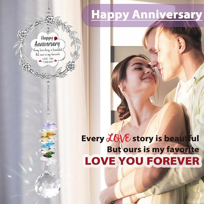 Happy Anniversary Suncatcher Gifts for Wife, Sun Catcher Wedding Gift for Couple, Hanging Crystal Sun Catcher Ornament for Window Rainbow Maker, Anniversary Romantic Gift Ideas for Girlfriend Women