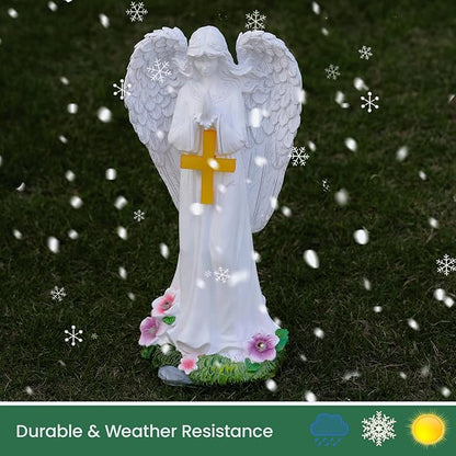 Solar Angels for Outside Garden, Angel Statue with Cross for Yard Lawn Patio Balcony, Chrisstmas, Memorial Gifts for Mom, Grandma, Women, 12 Inch,Resin