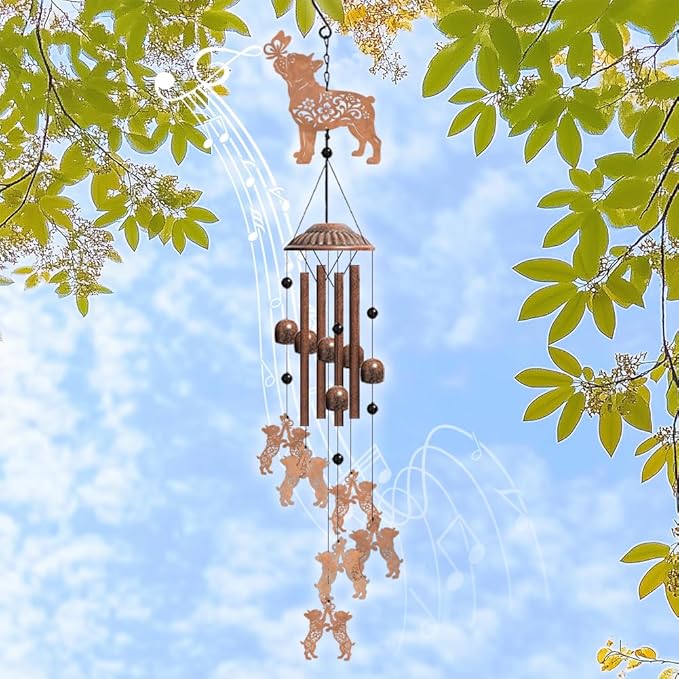 OLYCRAFT Bulldog Dog Wind Chimes Outdoors Wind Chime Sympathy Memorial Windchime Iron Windchime Memorial Presents Butterfly Hanging Windbell for Patio Backyard Home Garden Pendant Decoration