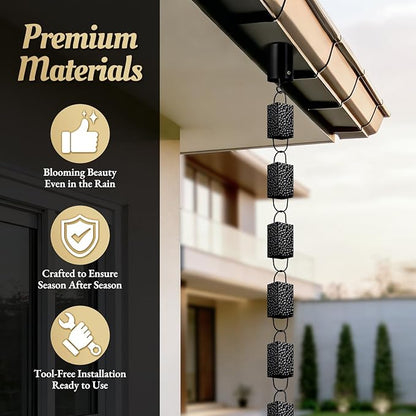 Rain Chains for Gutters Outside 8.5FT Black Rain Catcher Chain with Adapter 16 Cups Decorative Replacement for Downspout