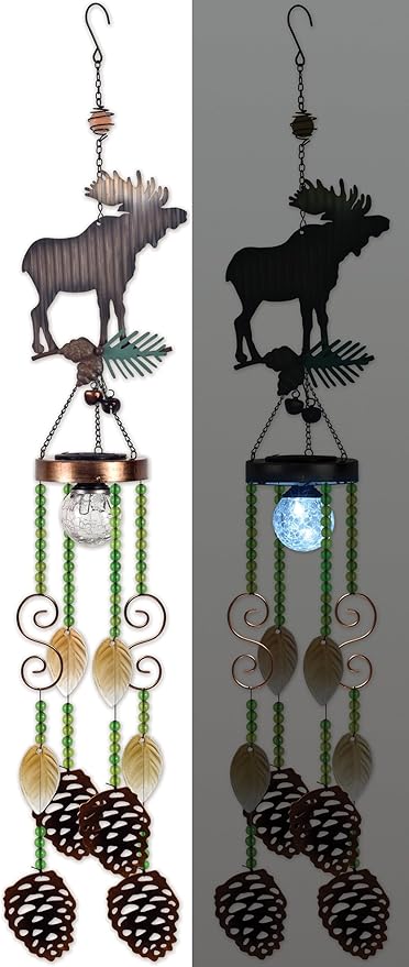 Sunset Vista Designs Wildlife Windchimes - Solar Lighted Wind Chime Indoor Outdoor, 33" Long, Moose