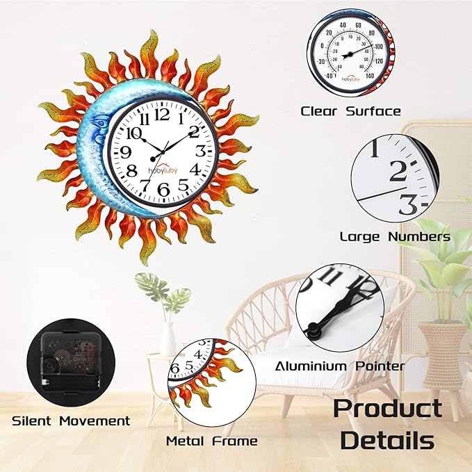 Outdoor Clock，Sun-Moon Outdoor Wall Clock Silent Non-Ticking，Indoor Outdoor Clock for Patio, Living Room,Home Decor
