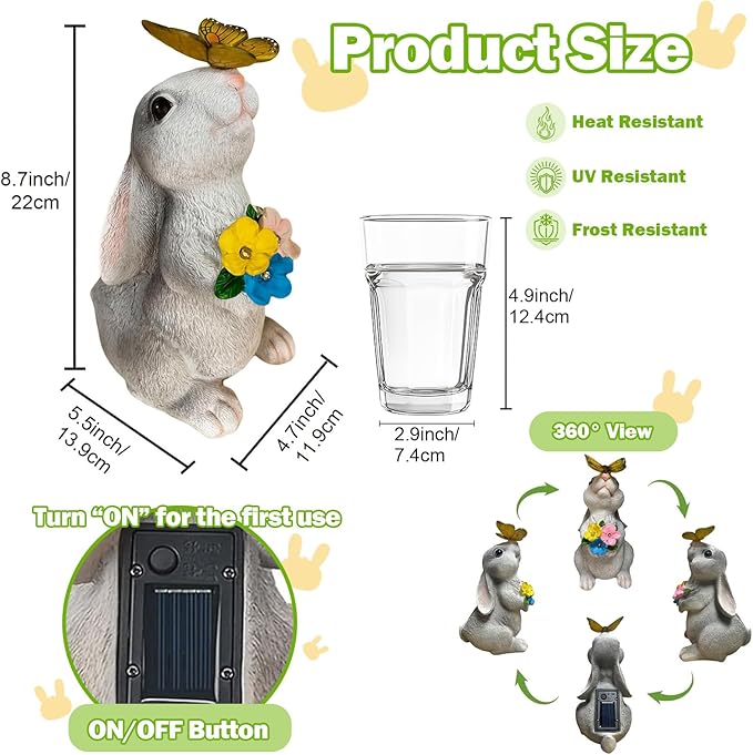 Solar Garden Decor Rabbit Statues with Butterfly LED Light - Waterproof Bunny Figurines Outdoor for Yard Patio Balcony Easter Decor - Unique Housewarming Mother's Day Birthday Gifts for Women