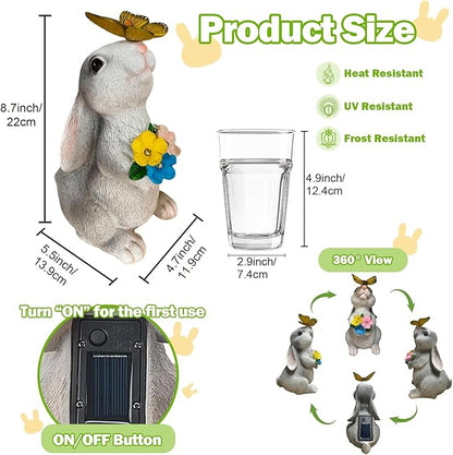 Solar Garden Decor Rabbit Statues with Butterfly LED Light - Waterproof Bunny Figurines Outdoor for Yard Patio Balcony Easter Decor - Unique Housewarming Mother's Day Birthday Gifts for Women