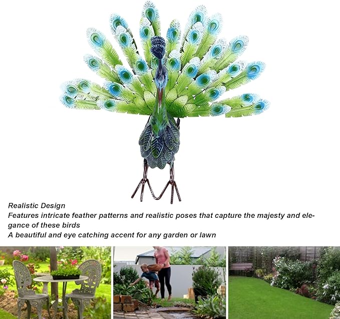 Metal Peacock Statue, Realistic Peacock Sculpture with Intricate Feather Details, Weatherproof Iron Garden Decor for Outdoor Lawn or Indoor Living Room Display