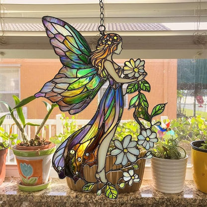 Floral Forest Fairy Acrylic Suncatcher Stained Glass Effect Window Car Hanging Christmas Ornament Indoor Outdoor Decor Garden Sun Catcher Panel for Fairy Lover for Women Mom Grandma