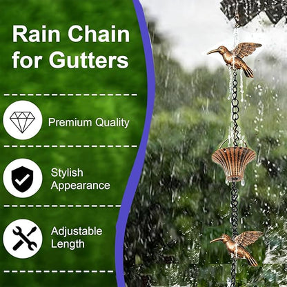 8.5FT Rain Chain for Gutters, Rain Chains for Outside with 7 Cups + 7 Birds, Rustproof Rain Catcher Chain, Replacement for Downspout (Brown Bird)