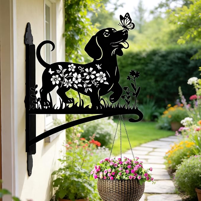Rngmsi Metal Plant Hangers Outdoor, Dachshund Wall Mounted Hanging Plant Bracket Outside, Flower Pot Bird Feeder Wind Chimes Hangers Decorations